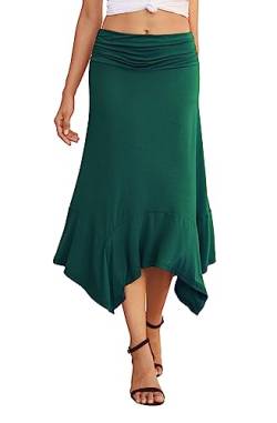 PrinStory Midi-Röcke Für Damen Sommer Casual Röcke Frauen Elastische Taille Soft Fit Flowy Taschentuch Saum Rock (Dunkelgrün, XL) von PrinStory