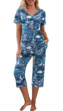 PrinStory Schlafanzüge Für Damen Kurzarm 2 Stück Pyjamas Set Nachtwäsche V-Ausschnitt T Shirt Schlafanzughosen Blumendruck (Gute Nacht Blau, L) von PrinStory