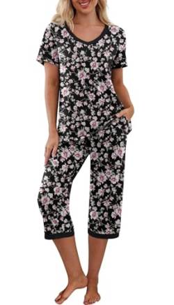 PrinStory Schlafanzug Damen Kurzarm Nachtwäsche Zweiteiliger Mit V-Ausschuss Pyjama Set Sleepwear Für Sommer Frühling Herbst Blumendruck (Rosa Blume Schwarz, XL) von PrinStory
