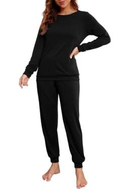 PrinStory Schlafanzug Damen Lang Pyjama Set Nachtwäsche Loungewear Rundhals Schlafanzugoberteile Und Schlafhosen Mit Taschen (Schwarz, S) von PrinStory