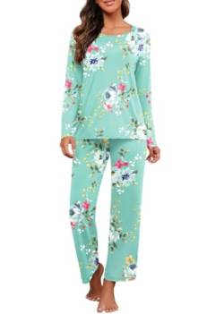 PrinStory Schlafanzug Damen Rundhals-Ausschnitt Pyjama Set Langarm Soft Nachtwäsche Lounge Wear Sets Für Frauen Mit Taschen (Blumen Mintgrün, XL) von PrinStory