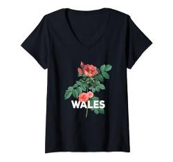Damen Blumenmuster im Vintage-Stil von Wales Heritage, passend für die ganze Familie T-Shirt mit V-Ausschnitt von Proud Country Heritage Roots Family Matching Gifts