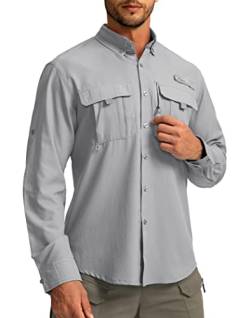 Herren Sonnenschutz Angelhemden Langarm Reise Arbeitshemden für Herren UPF50+ Button Down Shirts mit Reißverschlusstaschen, hellgrau, XX-Large von Pudolla