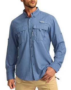 Herren Sonnenschutz Angelshirts Langarm Reise Arbeit Shirts für Herren LSF 50+ Knopfleiste Hemden mit Reißverschlusstaschen, Mallard Blue, XX-Large von Pudolla