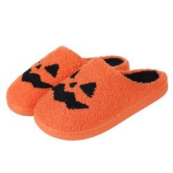 Puimentiua Halloween Hausschuhe Damen Herren,Kürbis Geister Totenkopf Hausschuhe Lustig Plüsch Hausschuhe Warme Winter Slipper, Flauschige Weiche Schuhe(36-37 12- Orange) von Puimentiua