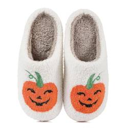 Puimentiua Halloween Hausschuhe Damen Herren,Kürbis Geister Totenkopf Hausschuhe Lustig Plüsch Hausschuhe Warme Winter Slipper, Flauschige Weiche Schuhe von Puimentiua