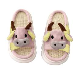 Puimentiua Kuh Hausschuhe für Damen,Sommer Cow Slippers,Cartoon Slides,Kawaii Linen Pantoffeln für Outdoor (A- Rosa,36-37 EU) von Puimentiua