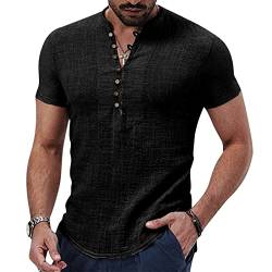 Puimentiua Leinenhemd Herren Kurzarm, Leichtes Sommerhemd Freizeithemd für Strand, Sommer Henley Shirt mit Stehkragen Knöpfen,Schwarz,3XL von Puimentiua