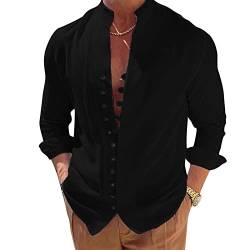 Puimentiua Leinenhemd Herren Langarm Leichtes Sommerhemd Strand Henley Shirt mit Stehkragen,Schwarz,3XL von Puimentiua