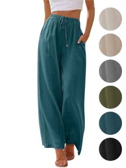 Puimentiua Sommerhose Damen Leicht,Sommer Leinenhosen,Palazzo Hose,Wide Leg Pants,Elegant Stoffhose,Luftig Sommerhosen,Women Leinen,Lockere Hosen mit Weite Bein und Tunnelzug (Blau,L) von Puimentiua