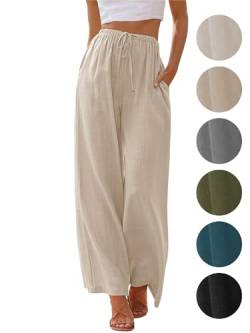 Puimentiua Sommerhose Damen Leicht,Sommer Lockere Leinenhosen,High Waist Palazzo Hose,Women Wide Leg Linen Pants,Luftige Elegant Stoffhose,Sommerhosen mit Weite Bein und Tunnelzug (Khaki,S) von Puimentiua