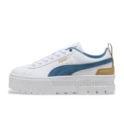 Puma für Damen. 38198349 Mayze Leder Turnschuhe weiß, blau (40), Wohnung, 1 bis 3 cm, Schnürsenkel, Lässig von Puma