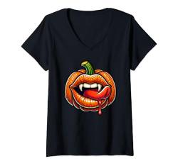 Damen Lustige orangefarbene Lippen Kürbis Mund Halloween Jungen Mädchen Kinder T-Shirt mit V-Ausschnitt von Pumpkin Lips Halloween2024