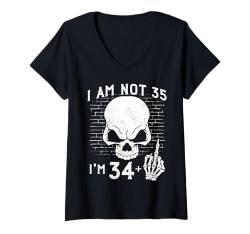 Damen 35th Birthday Skeleton Hand - I Am 34 Plus Middle Finger T-Shirt mit V-Ausschnitt von Punk Skull Skeleton : Age + Middle Finger Birthday