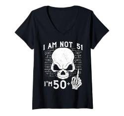 Damen I Am 50 Plus Middle Finger - 51st Birthday Skeleton Hand T-Shirt mit V-Ausschnitt von Punk Skull Skeleton : Age + Middle Finger Birthday