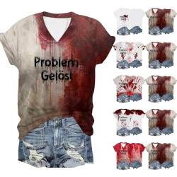 Problem Gelöst Shirt Halloween Kostüm Damen Gruselig T-Shirt Stain Hand Shirt Rundhals Halloween T-Shirts Halloween Horror Movie Tees Frauen I'm fine Tshirt Sommershirt Oberteile Tunika Tops von Puramala