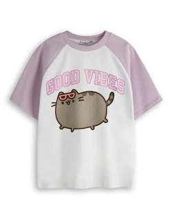 Pusheen Mädchen Raglan T-Shirt | Kids Good Vibes Zweifarbiges kurzärmeliges Grafik-T-Shirt | Internet Cat Kitten Cooles College-Stil Bekleidungsoberteil | Niedliches Cartoon-Merchandise-Geschenk von Pusheen