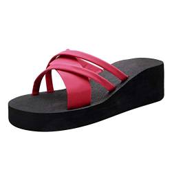 QINQNC Damen Breite Slipper Damen Bequeme Schlappen Schuhe rutschfeste Zehen Strand Hausschuhe Keil Frauen Mode atmungsaktive offene Frauen-Hausschuh Frauen Leinen Schlappen Damen Cotton (Red, 40) von QINQNC