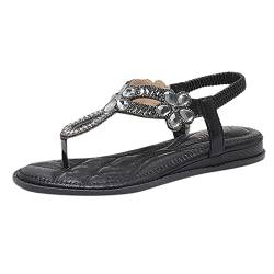 QINQNC Damen Fisherman Schwimmsandalen Frauen Memory Frauen Strass Dekor Slingback Wedges Sandalen elastischer Knöchelriemen Lässige böhmische Strandschuhe Frauen Geflochten Wandersandalen (Black, 39) von QINQNC