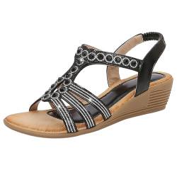 QINQNC Damen Soft Römersandalen Damen Leopardenmuster Damen-Römersandalen mit Strasssteinen, Ethno-Stil, offener Zehenbereich, dicker Boden, Slope-Absatz, Frauen Fashion Riemchensandalen (Black, 40) von QINQNC