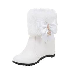 QINQNC Damen Wasserdicht Winter Schneestiefel Damen Lederschleife Strass dekorativer seitlicher Reißverschluss innen hoher Keilabsatz Kurze Baumwollstiefel Damen Kurze Stiefel Damen (White, 40) von QINQNC