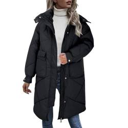 QINQNC Damen Winddichte Winterjacke Damen Shearling Einfarbiger, verdickter, abnehmbarer Hut für Damen mit doppelseitigen, großen Taschen und langem, Damen Gefütterte Cotton Parka Frauen (Black, XXXL) von QINQNC