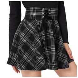 Damen Plaid Glencheck A-Linie Hohe Taille Flare Plissee Mini Schwarz Rock Kleid Mini-Faltenrock, Kariert, Gothic-Stil, Zum Schnüre, Gothic High Waist Flare Short Mini Skater Rock (Schwarz, L) von QIUhhpuy