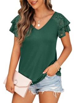 QIXING Damen Sommer Bluse und Tunika Kurzarm - Mode T-Shirt mit Doppellagigem Rüschenärmel Spitze V-Ausschnitt Sommer Tops(Dunkelgrün, M) von QIXING