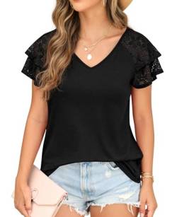 QIXING Damen Sommer Bluse und Tunika kurzarm - Mode T-Shirt mit Doppellagigem Rüschenärmel Spitze V-Ausschnitt Sommer Tops(Schwarz, S) von QIXING