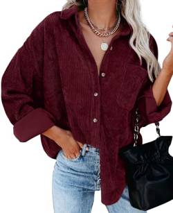 QIXING Hemdjacke Damen Herbst Winter Oversized Button Down Corduroy Dünne Jacket Cordjacke Damen Cord Hemd V-Ausschnitt Langarm Bluse mit Tasche Casual Jacke Musselin Bluse Damen (Weinrot, XL) von QIXING