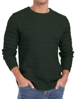 QIXING Herren Pullover Rundhals Zopfmuster Strickpullover Langarm Casual Twist Muster Pulli (Dunkelgrün, S) von QIXING