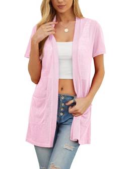 QIXING Sommer Damen Leichte Kurzarm Strickjacke Strickjacke für Damen Atmungsaktiv Frühling Herbst Cardigan Damen(Rosa Rosa, M) von QIXING