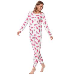 QIYUANT Damen Jumpsuit Onesie Pyjama Sanft Schlafanzug Einteiler Strampler Lang Button-Down Overall Langarm Frühling Herbst Winter Weihnachten Nachtwäsche Homewear (Wassermelone, XL) von QIYUANT