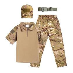 QIYUANT Kinder T-Shirt Militärhose Sets Tarnung Airsoft Taktisch Militär Sommer Kurzarm Camo Armee Top + Hose Camping Uniform Junge Mädchen Herren Damen (T-Shirt + Hose + Schirmmütze + Gürtel, 110) von QIYUANT