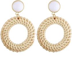 Boho Ohrringe,Ohrclips,Retro Stil Handgemacht Rattan Geometrisch Rund Anhänger Tropfen Ohrringe Übertrieben Baumeln Damen Schmuck(White) von QJFORU