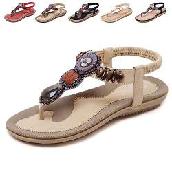 QJJQ Sandalen Damen Sommer Elegant Bequem Flip Flops Bohemian Flach Freizeit Zehentrenner mit Strass, Beige, 37 EU von QJJQ