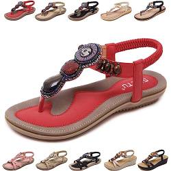 QJJQ Sandalen Damen Sommer Elegant Bequem Flip Flops Bohemian Flach Freizeit Zehentrenner mit Strass, Rot, 37 EU von QJJQ