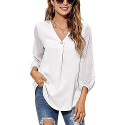 QKEPCY Damen Blusen mit V Ausschnitt Elegant Elegant Tunika Shirt Gebänderte Manschetten Swiss Dots Tops Langarm Oberteile Loose fit Shirts Sommer Herbst Blusenshirt von QKEPCY