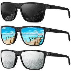 QTYQWC Polarisierte Sonnenbrille für Herren, leichte Sonnenbrille mit UV-Schutz zum Fahren, Angeln, Golf, (3er-Pack) Schwarz/Eisblau/Silber von QTYQWC