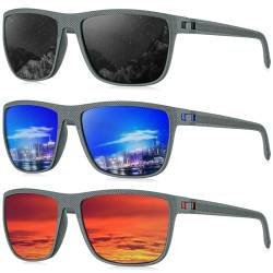 QTYQWC Polarisierte Sonnenbrille für Herren, leichte Sonnenbrille mit UV-Schutz zum Fahren, Angeln, Golf, Z-Rahmen (3er-Pack) Grau, Gläser schwarz/dunkelblau/rot von QTYQWC