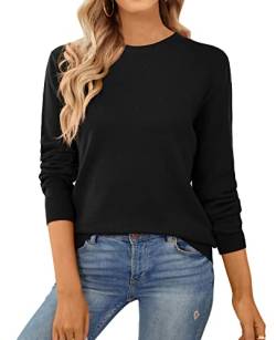 QUALFORT Damen Crewneck 100% Baumwolle Pullover Sweater Weich Strickpullover - Schwarz - Groß von QUALFORT