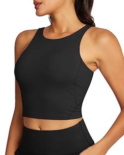 QUEENIEKE Damen Longline Sport-BH Tank Top Crop Yoga Weste Eingebauter BH Hoher Hals Mittlere Unterstützung, Schwarz , M von QUEENIEKE