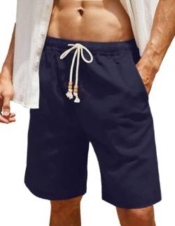 QUEZHU Kurze Hosen Herren Leinen Baumwolle Baggy Herren-Shorts Sommer Tunnelzug Beach Sport Shorts Größere Passform mit Taschen für Manner Freizeit-Shorts Marine Blau XL von QUEZHU