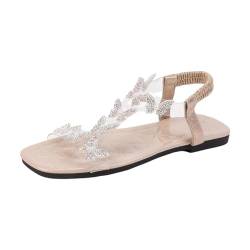 QUINTRA Damen Schmetterlinge Strass Flache Sandalen Klare Riemen Quadratisch Offene Spitze Elastischer Knöchelriemen Outdoor Strandschuhe (Beige, 40) von QUINTRA