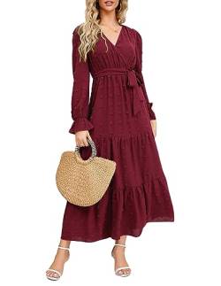 QUNERY Kleid Langarm Damen V Ausschnitt Tunika Kleid Elegant Swiss Dot Freizeitkleider Herbst Winter Cocktail Kleid Partykleid mit Gürtel Rot S von QUNERY