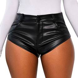 QWUVEDS Damen Shorts Sommer Schwarz Outdoor Sport Damen Shorts Hotpants PU Kunstleder Schwarz Mittlere Taille Mode Lässig Wochenende Micro Elastisch Kurz Komfort Einfarbig Pro Leggings Damen Shorts von QWUVEDS