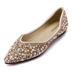 Flache Ballerinas für Damen, Strass, modisch, spitzer Zehenbereich, Perlen, Diamant, niedriger Absatz, Kleid, Hochzeit, Flats, Arbeit, Business, Tanz, Ballerinas, Gold, 42.5 EU von QXCXINGDY