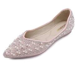 Flache Ballerinas für Damen, Strass, modisch, spitzer Zehenbereich, Perlen, Diamant, niedriger Absatz, Kleid, Hochzeit, Flats, Arbeit, Business, Tanz, Ballerinas, Pink, 36 EU von QXCXINGDY