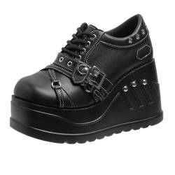 Damen Punk-Plateauschuhe Stiefel Runde Zehen Goth Pumps Schuhe Keilschuhe Damen Schuhe (Schwarz, Erwachsene, 38, Numerisch, EU Schuhgrößensystem, M) von QZYGWCS