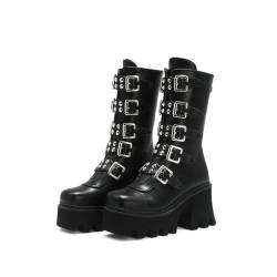 QZYGWCS Damen Winter Gothic Punk Plateau Stiefel Schnalle,Nieten,Mid-Calf Zipper Stiefel Motorrad Stiefel (Schwarz, Erwachsene, 36, Numerisch, EU Schuhgrößensystem, M) von QZYGWCS